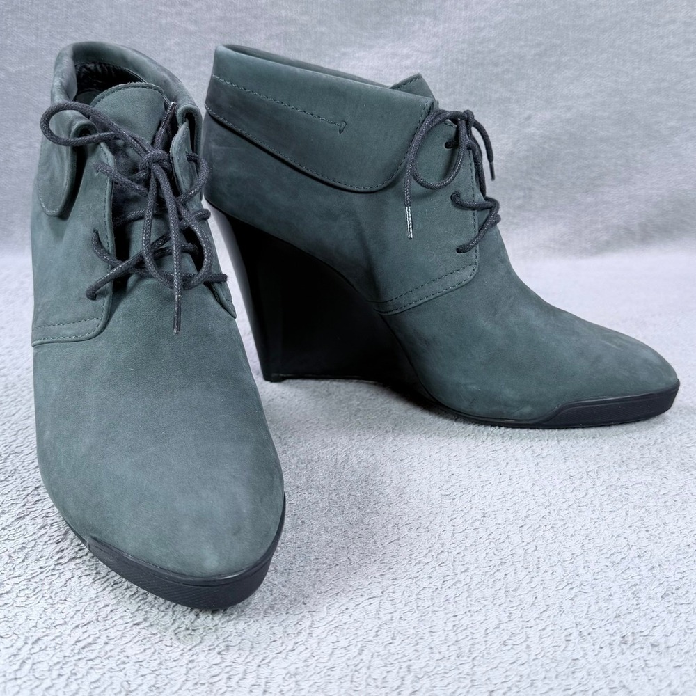 Tod's Womens 40 Teal Grey Nubuck Leather Wedge Lace Up Ankle Boots Made in Italy